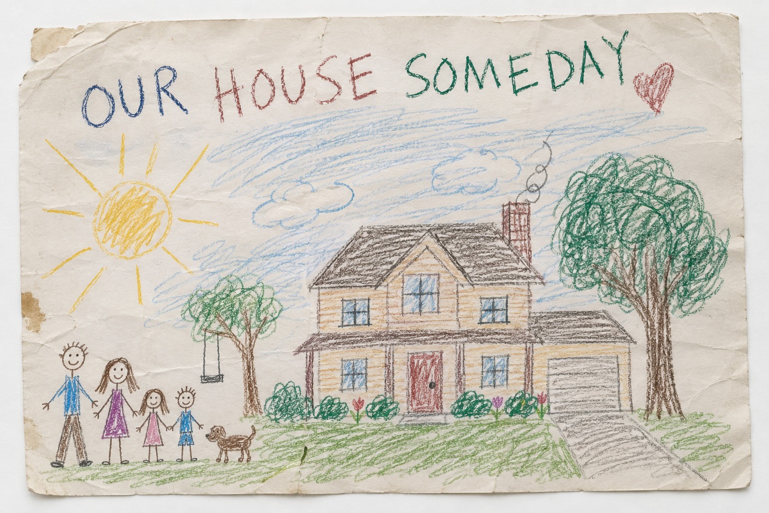 Rachel’s crayon drawing of a house, labelled Our House Someday.