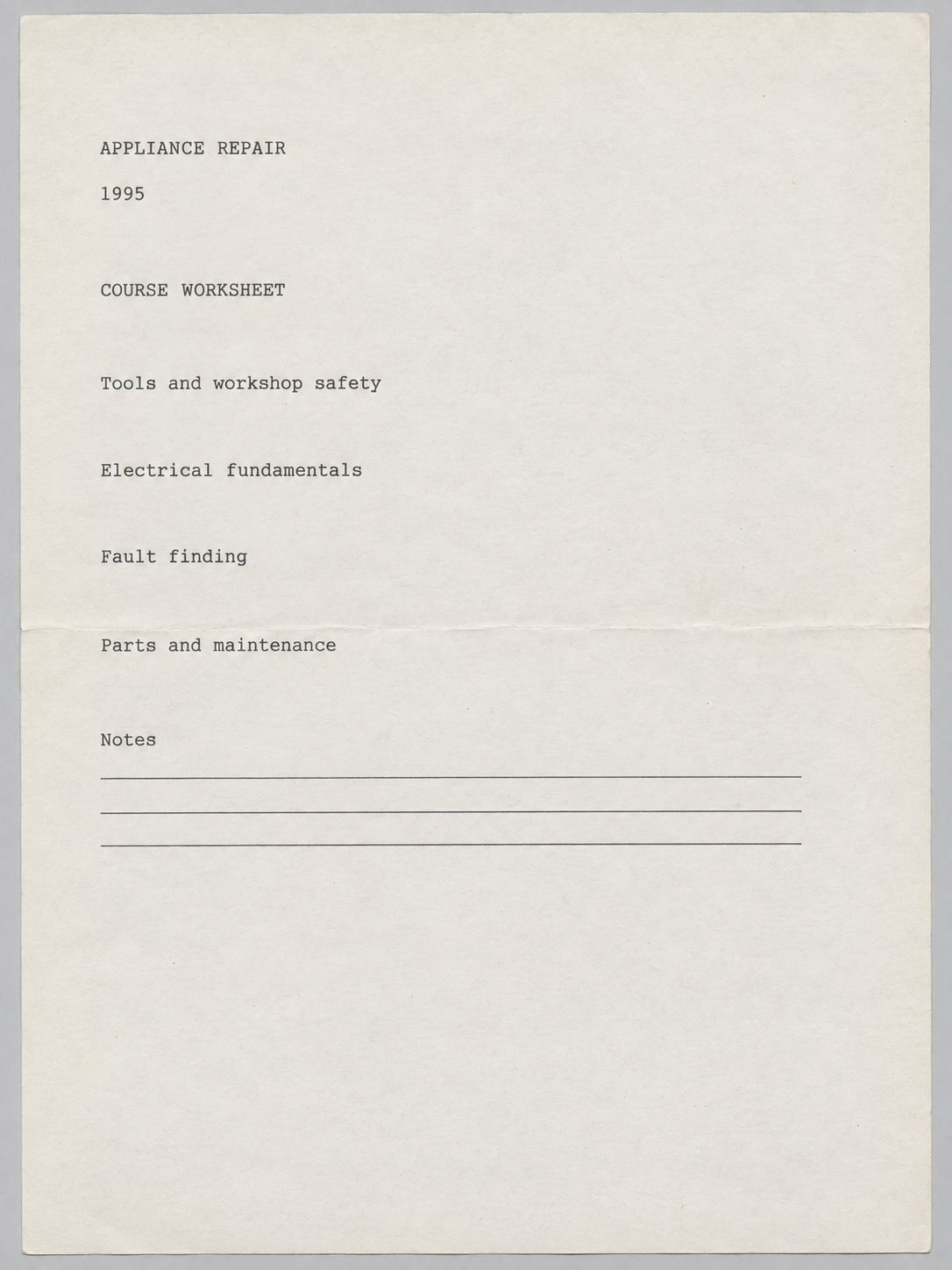 A scanned appliance-repair course sheet from 1995.